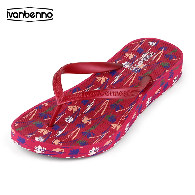 2023 Women Flip Flops New Fashion Wear-Resistant Anti Slip Printed Red Pink Summer Beach Slippers Clip Toe Thick Soled Sandals