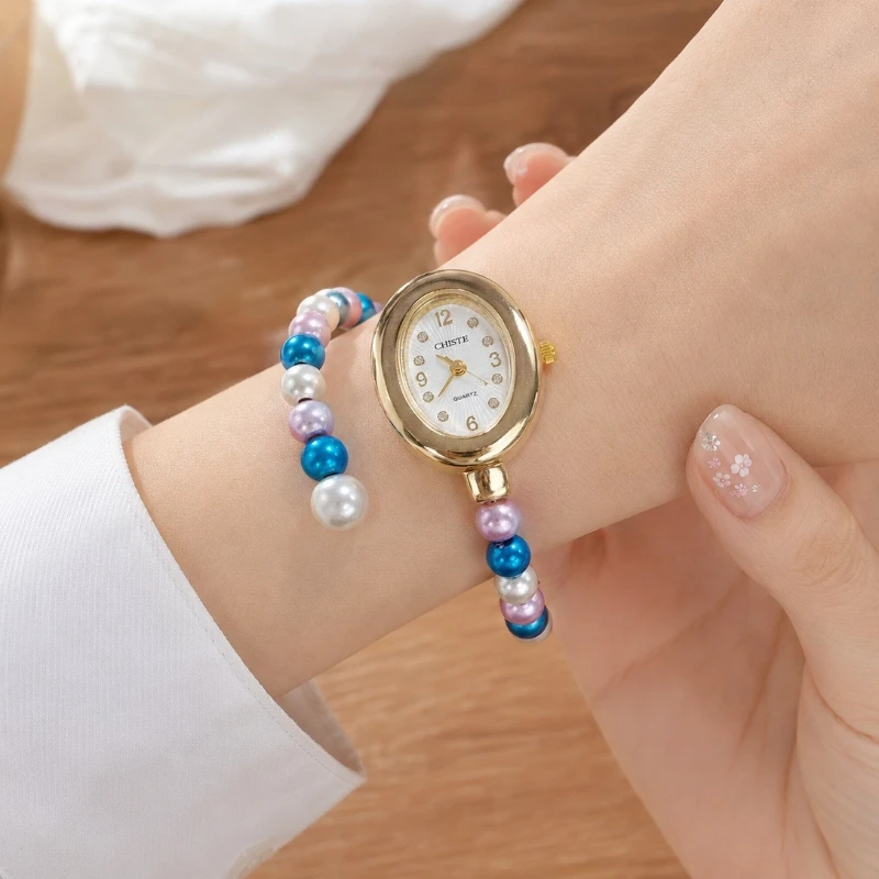 New Rainbow Pearls Bracelet Watch for Women Adjustable Luxury Alloy Ladies Watch Elegant Woman Quartz Wristwatch Reloj de Mujer