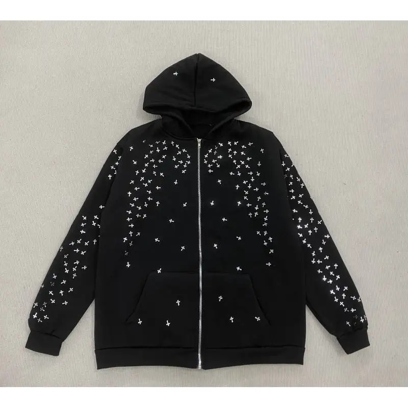 European and American dark gothic cross and star pattern brick-print hooded sweater with zipper jacket