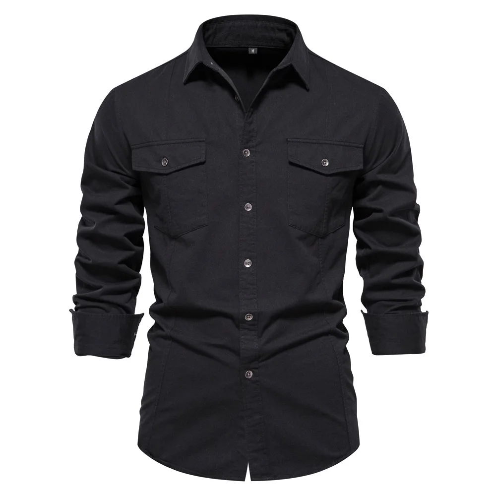 2023 Autumn New European Size Pure Cotton Casual Fashion Business Solid Color Men's Long Sleeve Shirt