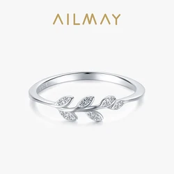 Ailmay Authentic 925 Sterling Silver Plant Clear Zircon Rings Exquisite Elegant for Women Wedding Engagement Jewelry Gift