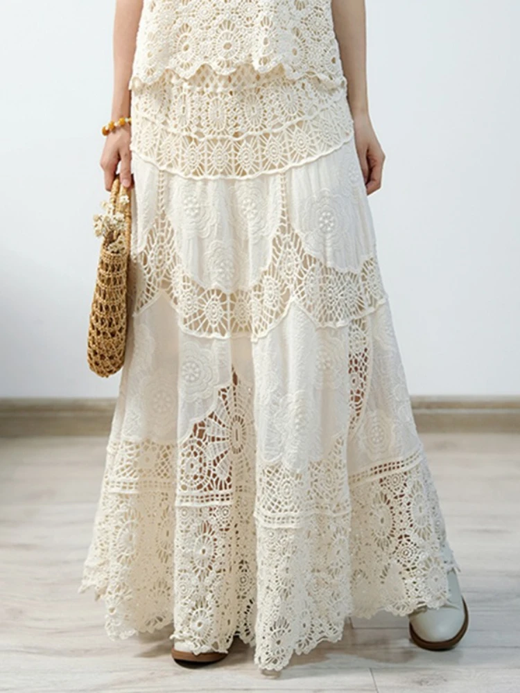 2025 novo no verão design de moda nicho damasco saias boêmio estilo férias cor sólida rendas gancho flor midi saia para mulher