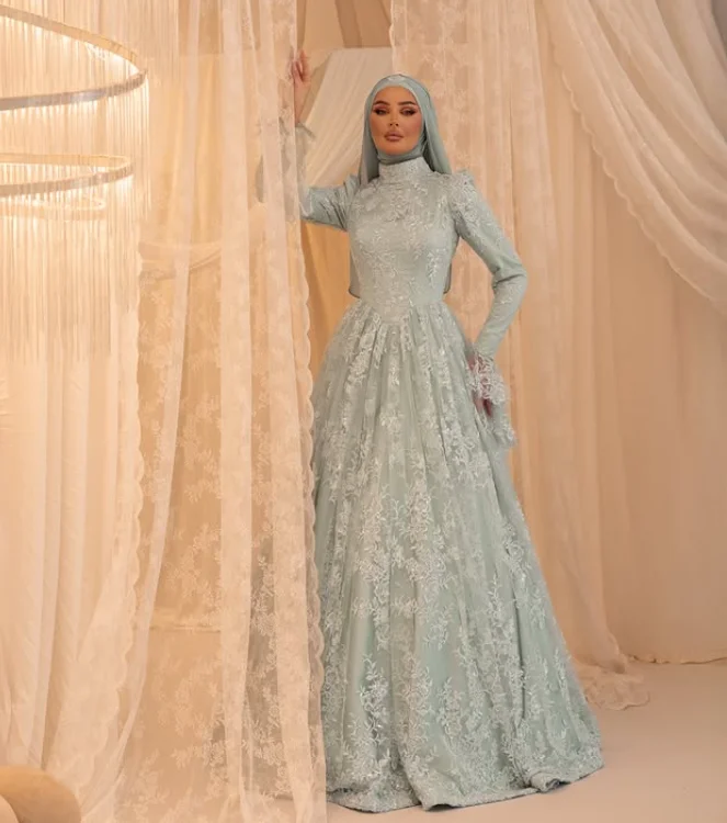 Sage Muslim Kaftan Formal Evening Dress High-Neck Luxury Embroidered Sequined Long-Sleeved Party Dress for Women Customized