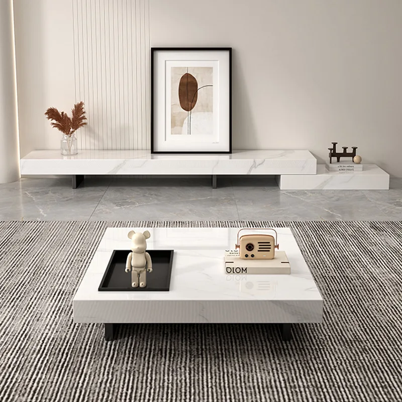 Italian Minimalist Telescopic TV CabinetSmall Apartment Living Room Solid Wood Rock Slab Audio-visual Cabinet Coffee