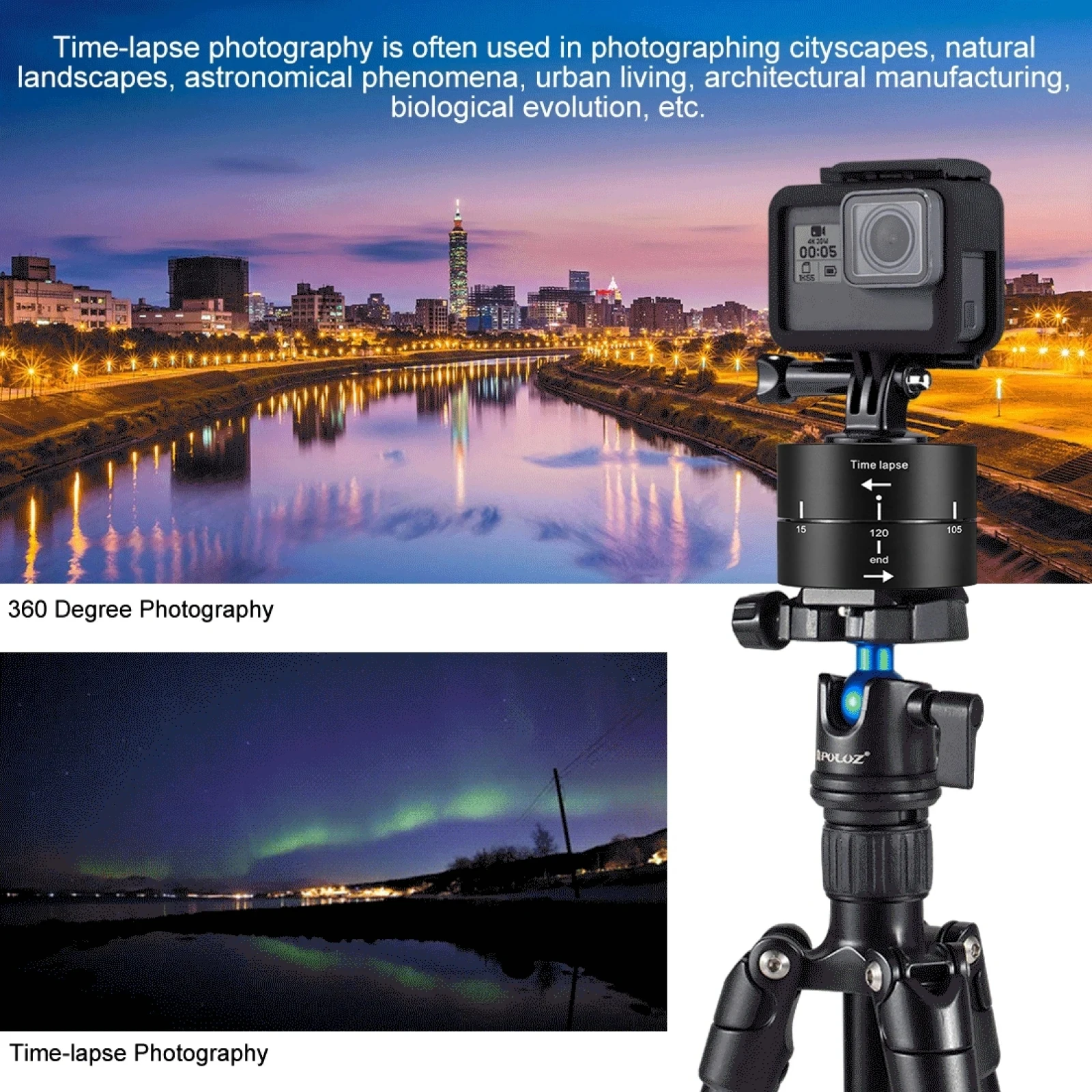 360 degree 60min Auto Timer Rotate Base Timelapse Tripod Heads Time Lapse Stabilizer for GoPro/ Xiaoyi & Action Cameras