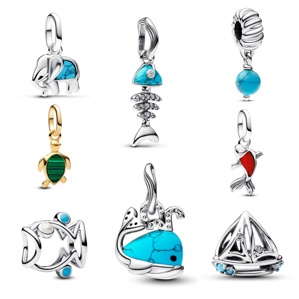 

2026 New 925 Silver Turquoise Marine Animal Beads Suitable for European Bracelets, Whale and Turtle PendantsDIY Jewelry