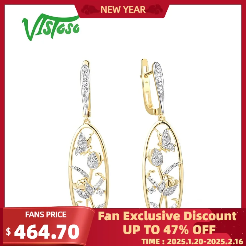 VISTOSO Real 14K 585 Yellow Gold Butterfly & Flower Earrings For Women Sparkling Diamonds Dangling Latch Back Fine Trend Jewelry