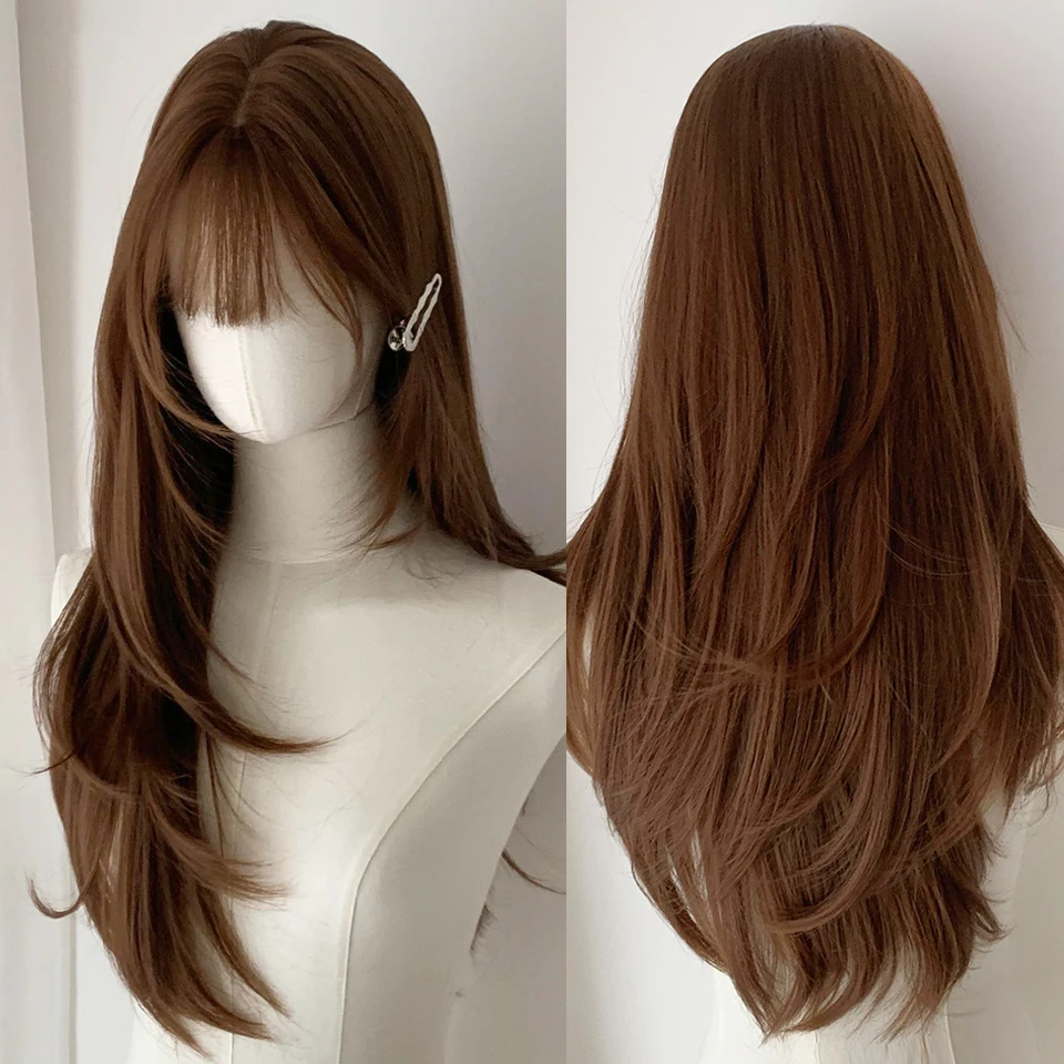 Long Straight Synthetic Wig Layered Straight Wigs Brown Heat-Resistant Natural Hair Stylish Party Bangs Wigs For Women