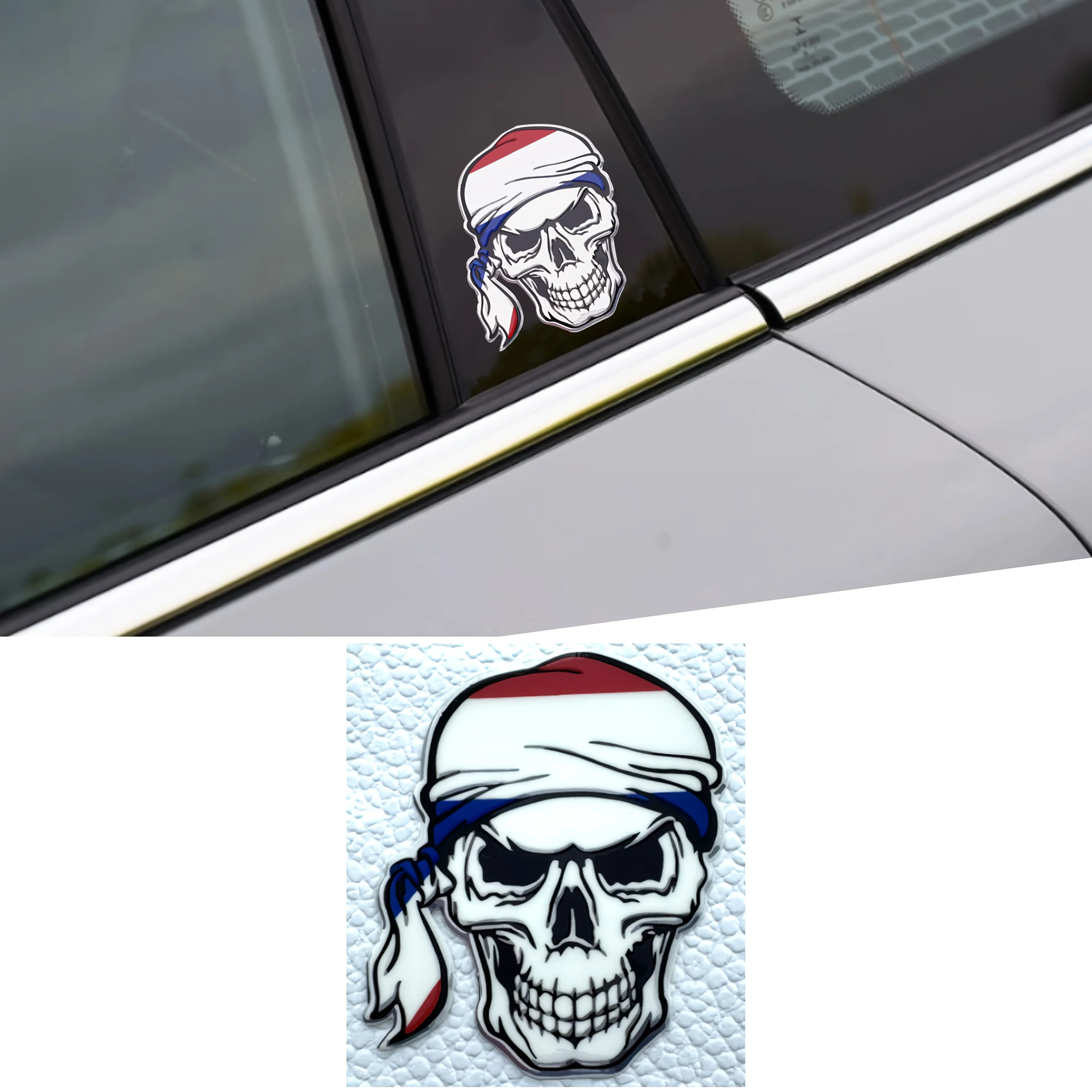 1PC Red-White-Blue Pirate Skull Car Sticker, Unique Auto Accessory for Car Personalization