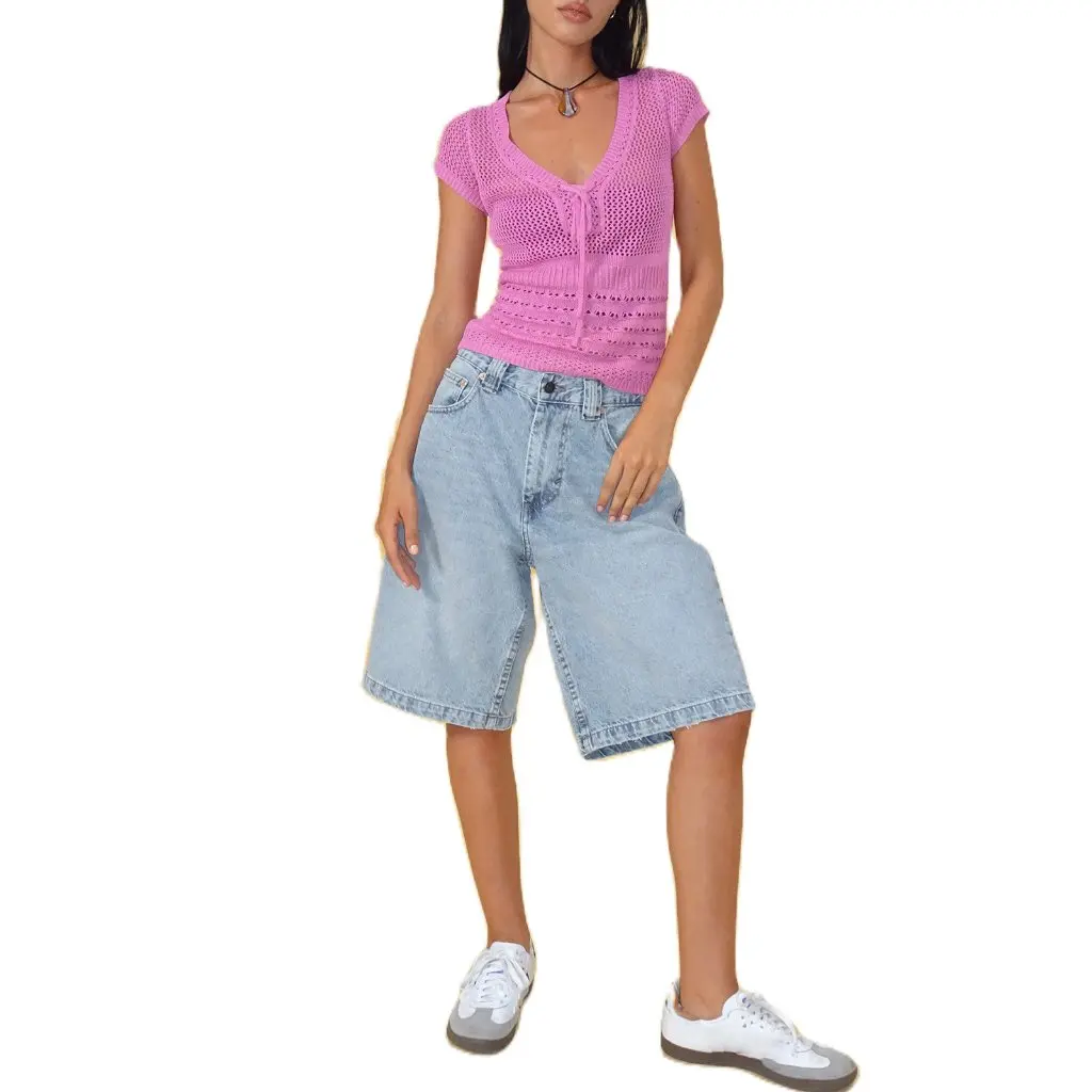 

Slim Fit Denim Pants for Women Elastic Waist Five-Point Design Style European Station New Girls 7 Points