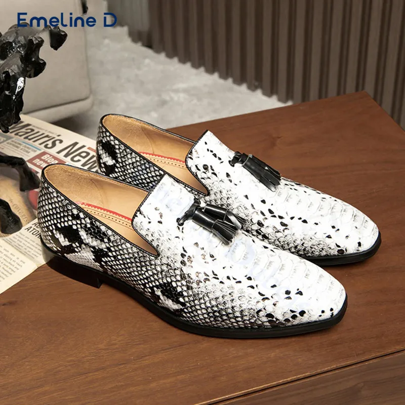 Black and White Snake Pattern Loafers Black Tassel Slip-On Leather Casual Shoes Large Size Business Formal Daily Men's Shoes