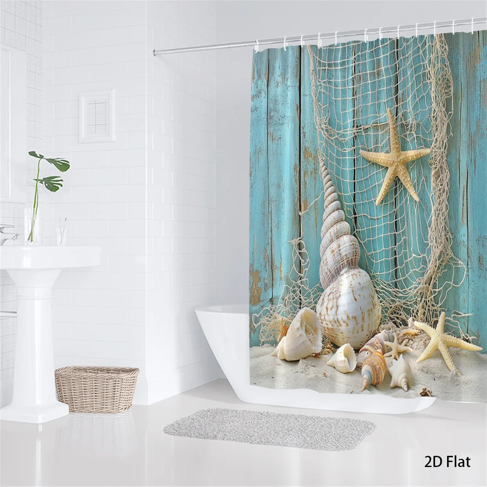 nautical beach shower curtain with fishing net seashells and starfish on blue wood for coastal Enhance spatial aesthetics12hooks