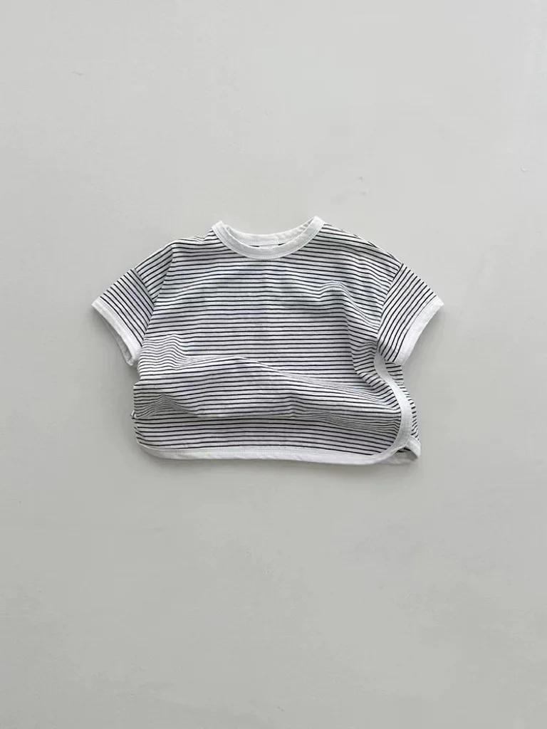 T-shirt rayé à manches courtes pour bébé garçon et fille, en coton, décontracté et respirant, polyvalent, à la mode, été 2024