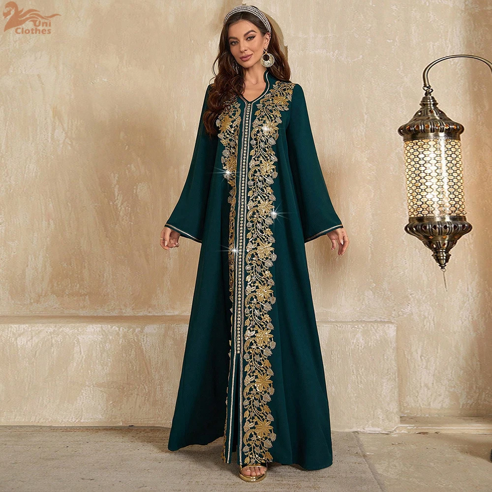 

Uni Dubai Роскошное шифоновое вечернее платье Абая с v-образным вырезом и расклешенными рукавами и аппликацией для женщин 2025