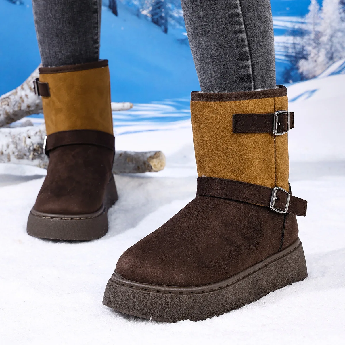 

New winter 2025 European and American large-sized warm, fashionable, color-blocked and simple snow boots
