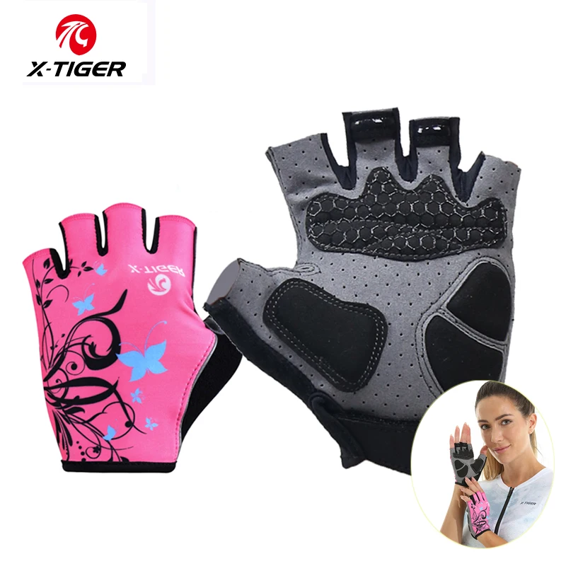 X-TIGER Cycling Gloves Pink Woman Half Finger Racing Gloves MTB Bike Mitten 3D GEL Breathable Non-Slip Sport Fitness Gloves