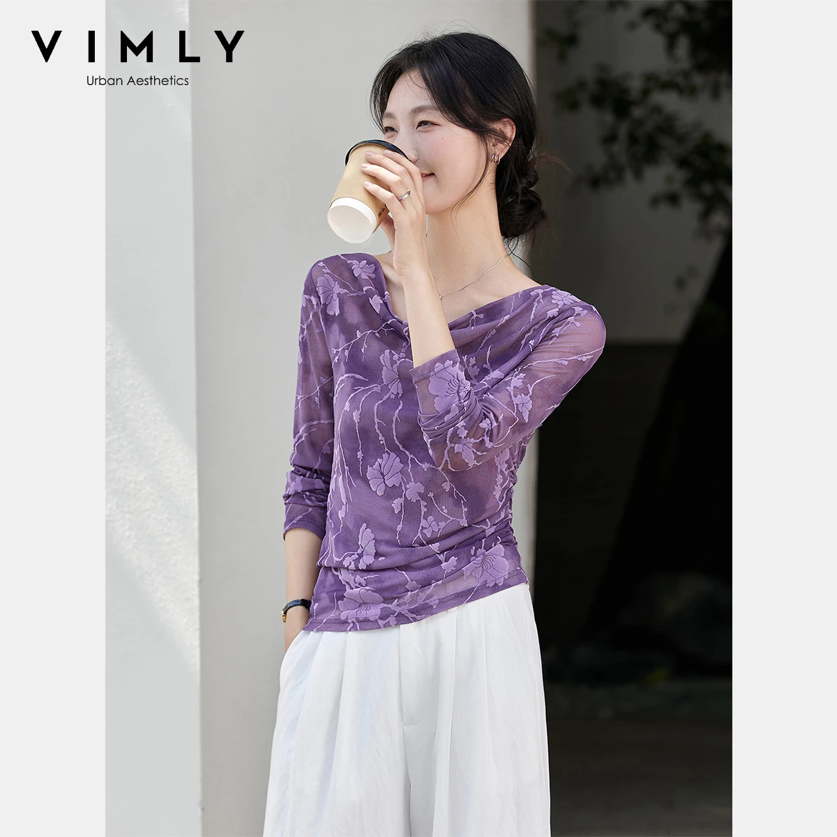 VIMLY امرأة الموضة الأزهار طباعة سوينغ الرقبة تي شيرت عادية محبوك سيدة تيز كم طويل سليم صالح الإناث قمة الخريف 2025 A3061 #2