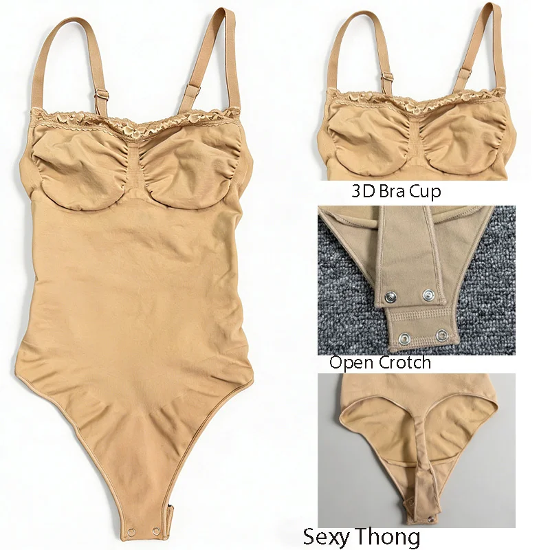 Dimmkof 3D Bra Cup Thong Suit Stretchy Resistant Lace Square Neck Bodysuit Seamless Sculpt Control Tank Top Cami Thong Slim Fit