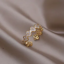 2024 French new design fashion jewelry 16K gold plated flower zircon open ring elegant women's daily work accessory