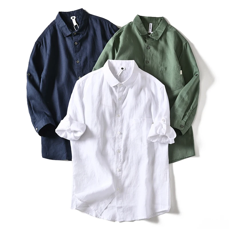 

Loose Fit Men's Linen Shirt Half Sleeve Summer Breathable Comfortable Casual Style Seven-Foot-Length Casual Shirt for Men
