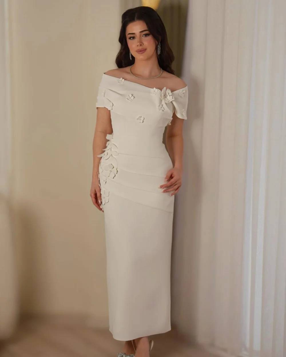 Customized Elegant Jersey Handmade Flower Pleat Straight Evening Dress Fashion Off-the-shoulder Sleeveless Ankle Length Dresses