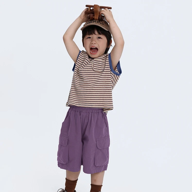 Boys T-shirt 2026 Spring and Summer New Children's Clothing Korean Style Boys Casual Color Stripes Down Rotator Cuff T-shirt