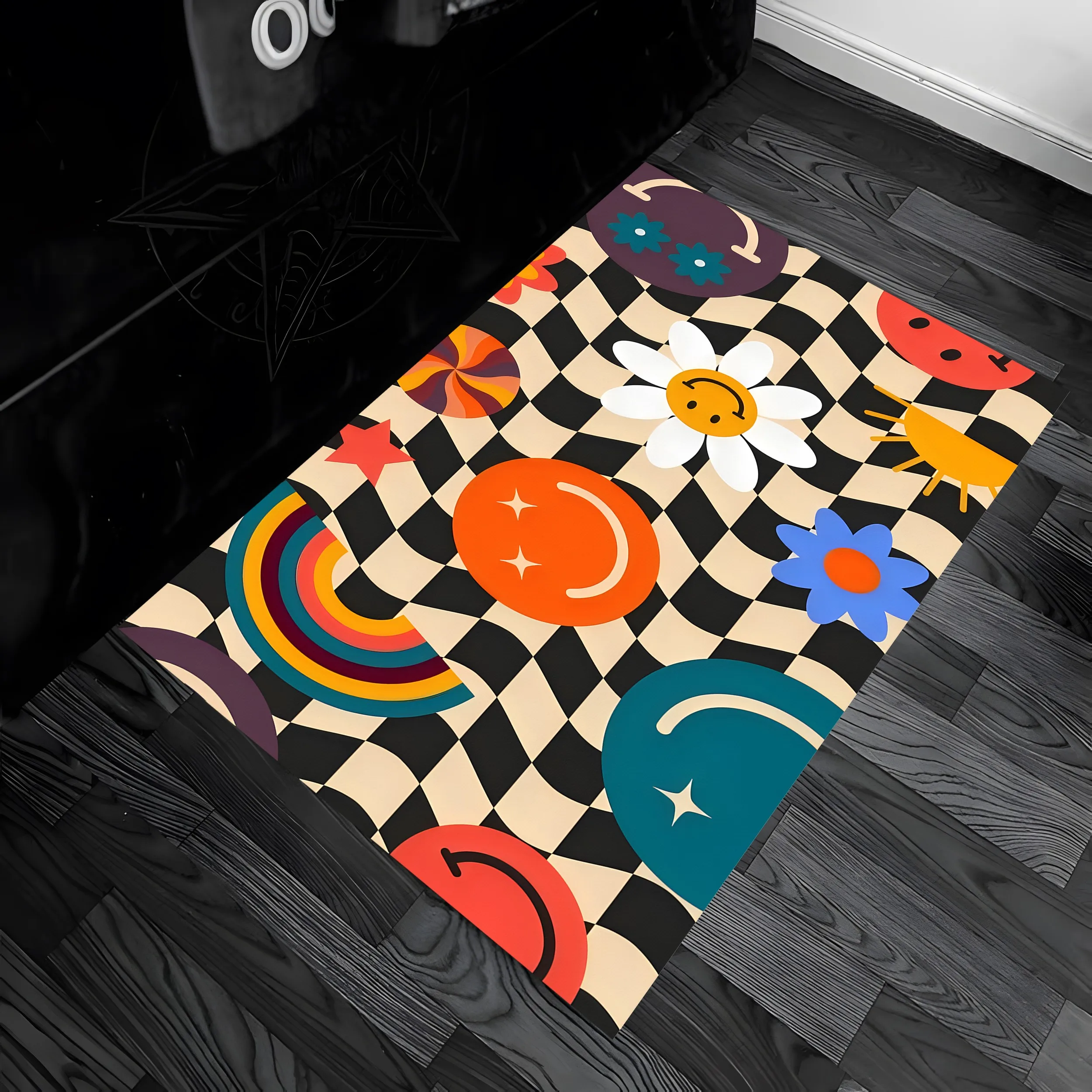 Twisted Checkerboard Pattern, Smiley Faces, Flowers, Rainbow Elements, American Retro Dopamine Style, Children's Day Children's Room/Bedroom/Living Room, Lively and Healing Soft Furnishings, Velvet Carpet