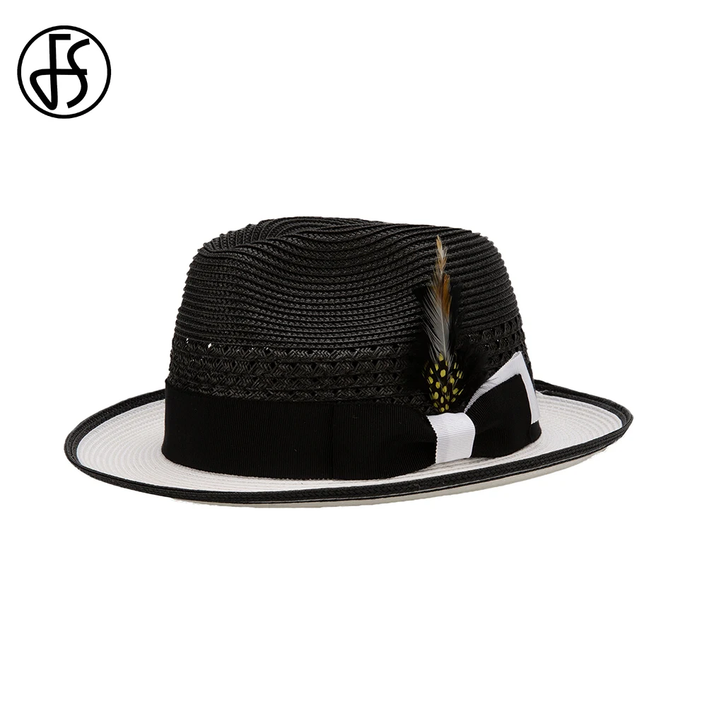 FS 2024 Khaki Cowboy Straw Hats For Men With Feather Rolled Brim Sombrero Jazz Panama Hat Gentleman Gangster Black Cap