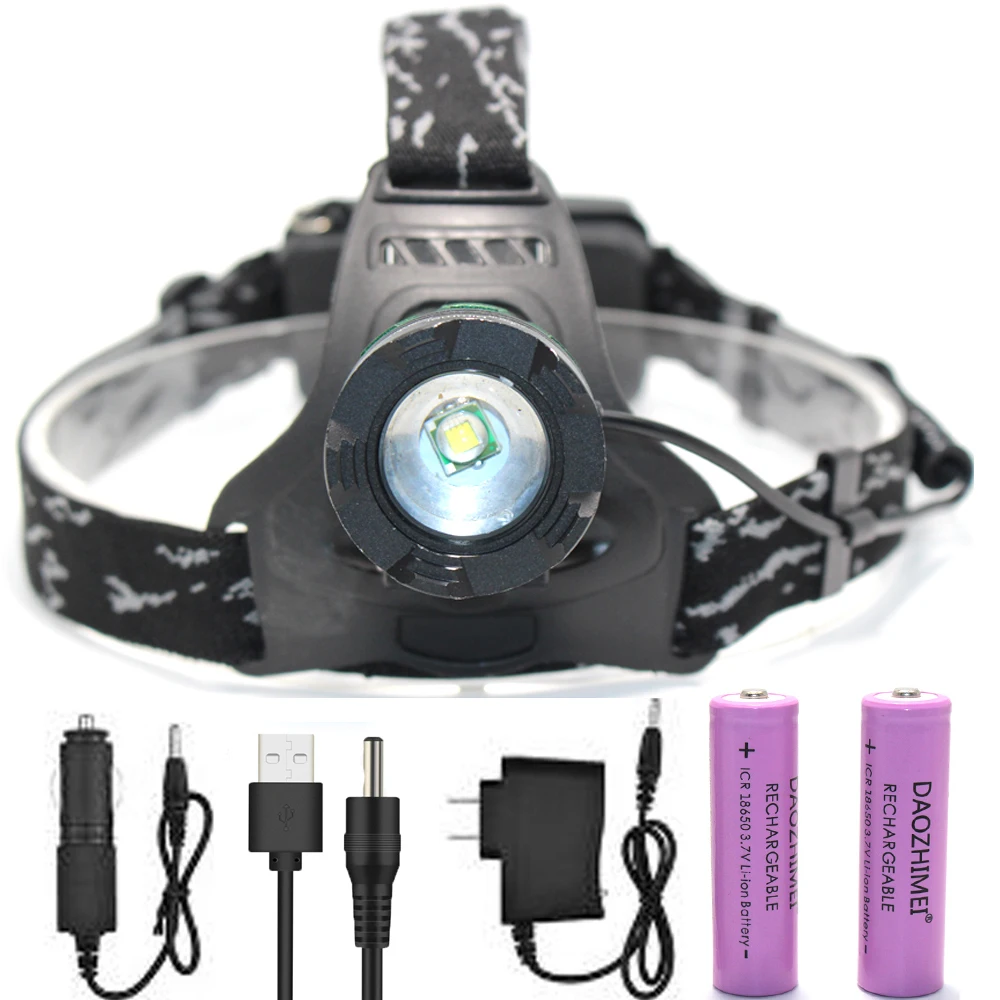 

Super Bright Led Headlamp Most Powerfull Headlight 3 Modes Fishing Camping ZOOM Torch + 2x18650 battery + charger + Car Charger