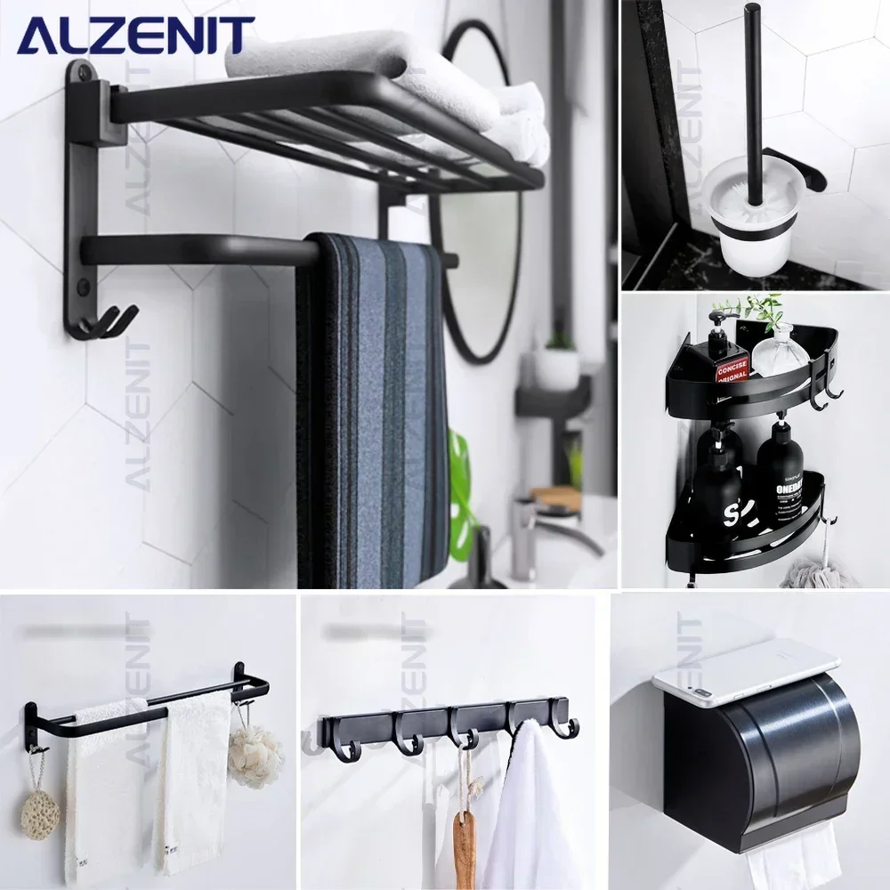 Bath Hardware Sets Storage Shelves Towel Rack Bars Black Aluminum Hooks Toilet Brush Holders Paper Tray Bathroom Accessories