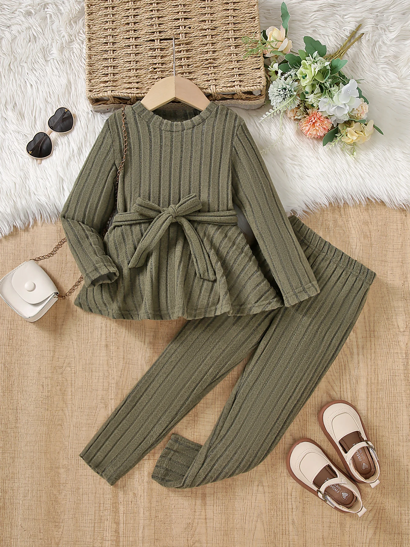 Two Piece Spring And Autumn Style Girls\' Pit Stripe Long Sleeved Round Neck Skirt Pants Solid Color Casual Outdoor Sports Suit
