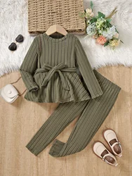 Two Piece Spring And Autumn Style Girls' Pit Stripe Long Sleeved Round Neck Skirt Pants Solid Color Casual Outdoor Sports Suit