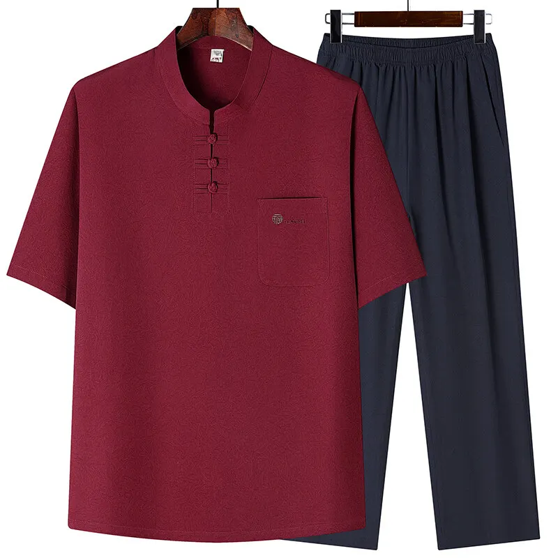 

2025 Summer New Tang Style (Shirt+Pants) Middle aged Dad Men's Fashion Solid Color Ice Silk Loose Short Sleeve Breathable Casual