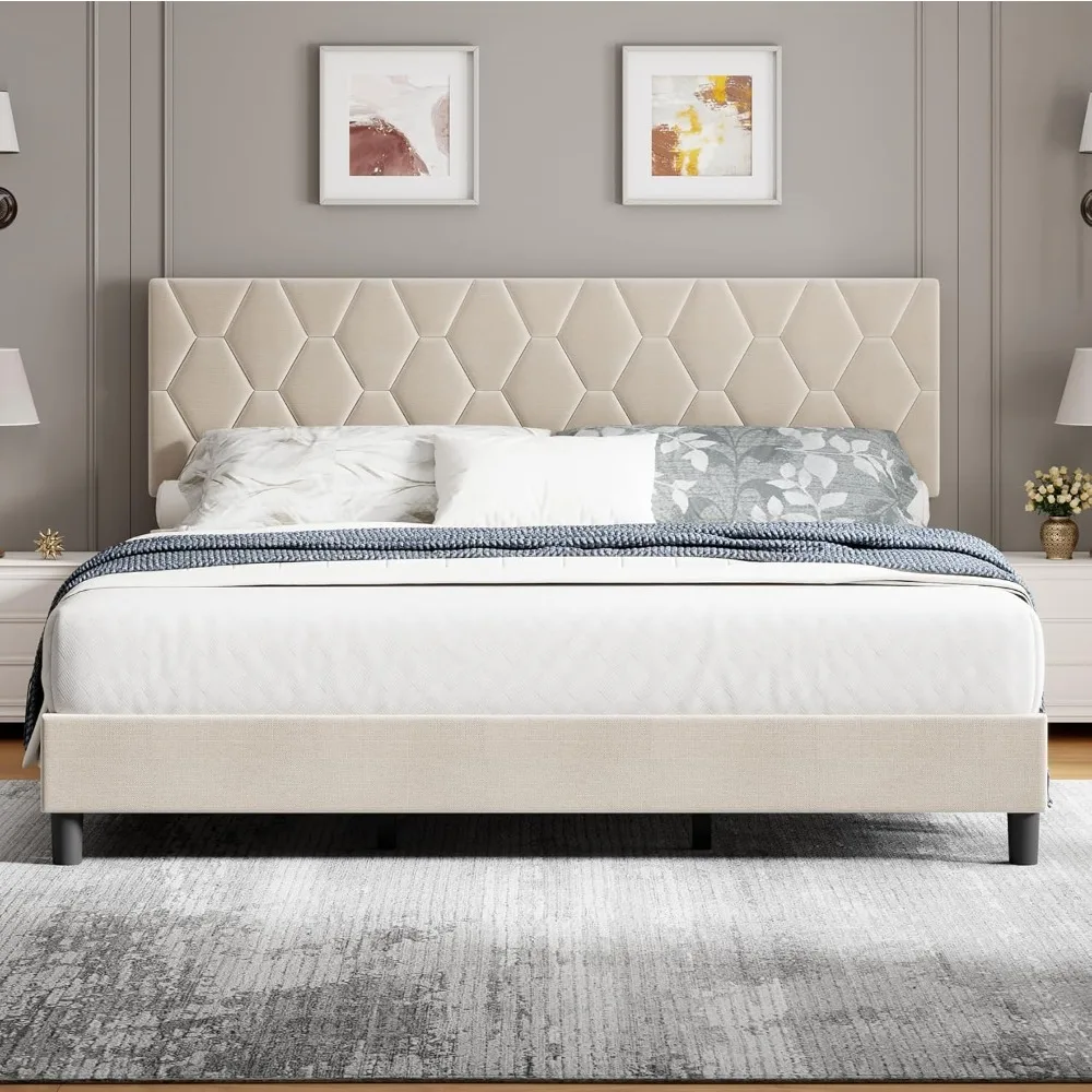 

Beige Full Bed Frame with Upholstered Headboard, Heavy-Duty Platform Bed Frame with Strong Wood Slats, No Box Spring Need