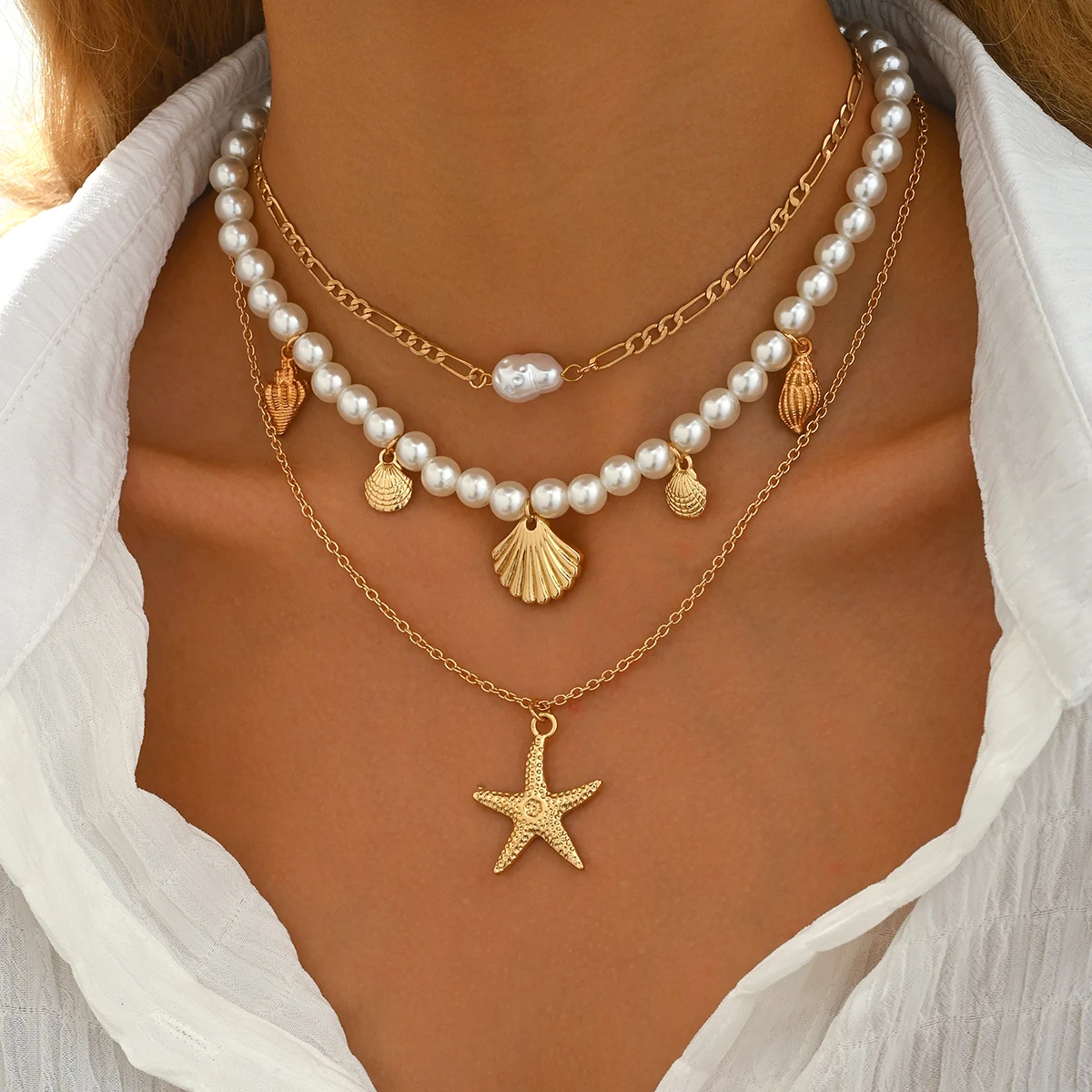 3 Layer Boho Faux Pearl Necklace Starfish Shell Pendant Allo