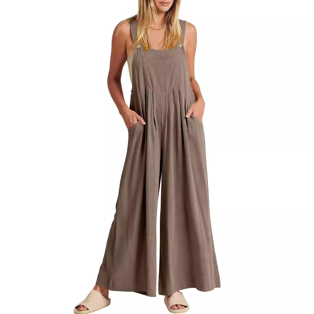 Women's Casual Solid Color Loose Cotton Linen Overalls With Loose Waist Pockets Jumpsuit Rompers