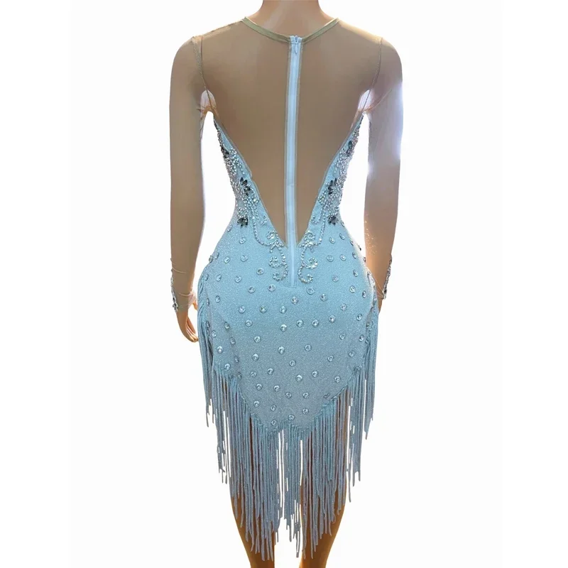 Vestido Sexy con flecos y diamantes de imitación para mujer, traje de fiesta de noche, Gogo, baile, escenario, Rave