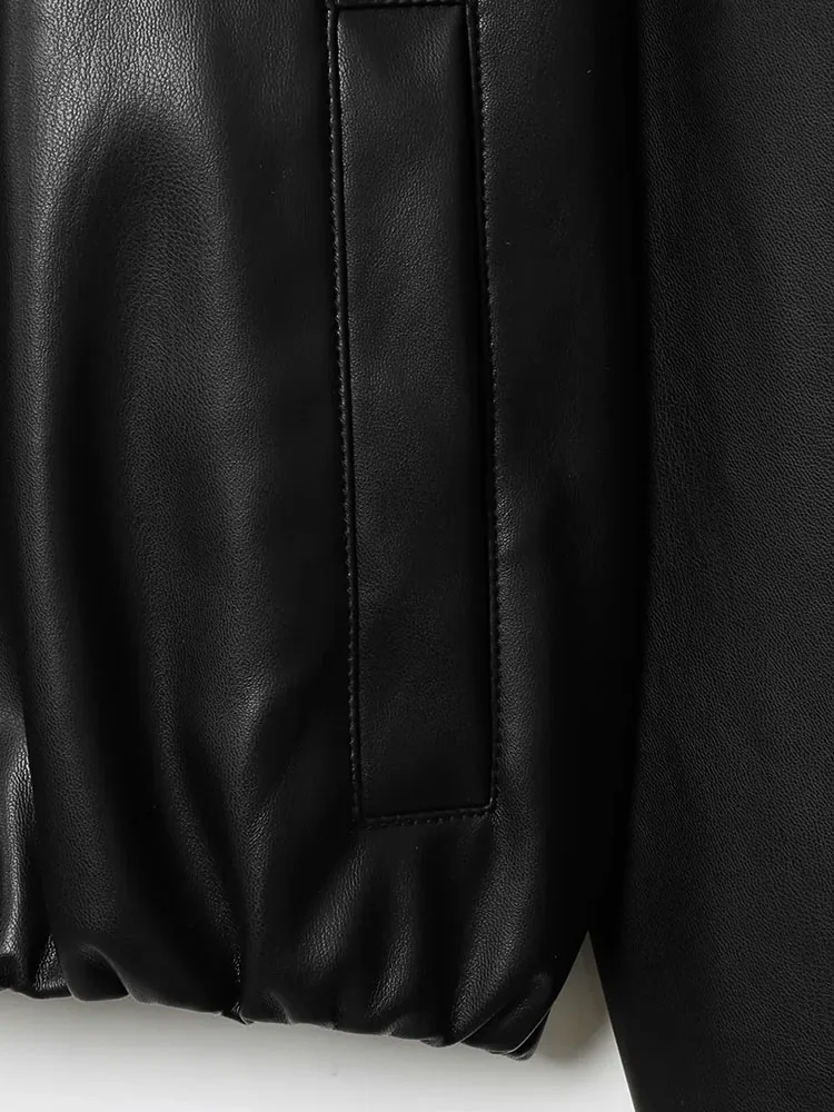 Donna 2025 Nuovo Autunno Casual Chic Bomber Giacca in pelle solida Bottoni Dolcevita Tasche Manica lunga Cappotti corti Cappotti di moda