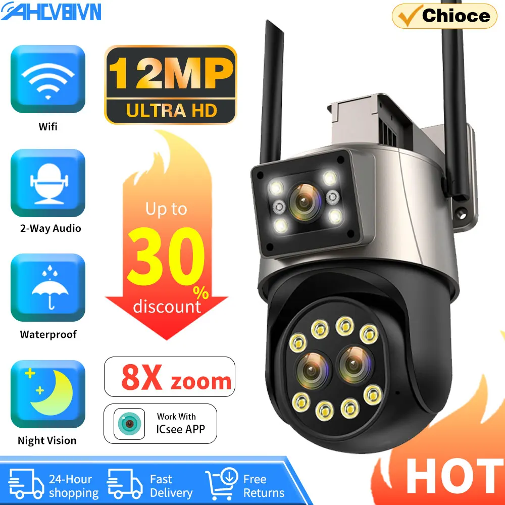 

12MP 6K PTZ Wifi Camera Dual Lens 8X Digital Zoom AI Human Detection Outdoor 8MP CCTV IP Camera Security Protection iCSee