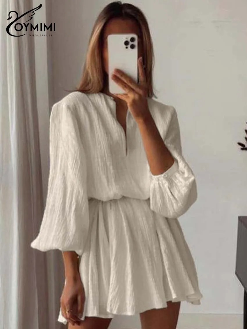 Oymimi Elegant Beige Cotton Womens Dresses Fashion V-Neck Long Sleeve Lace-Up Dresses Casual Loose Pleated Mini Dress Streetwear - Image 2