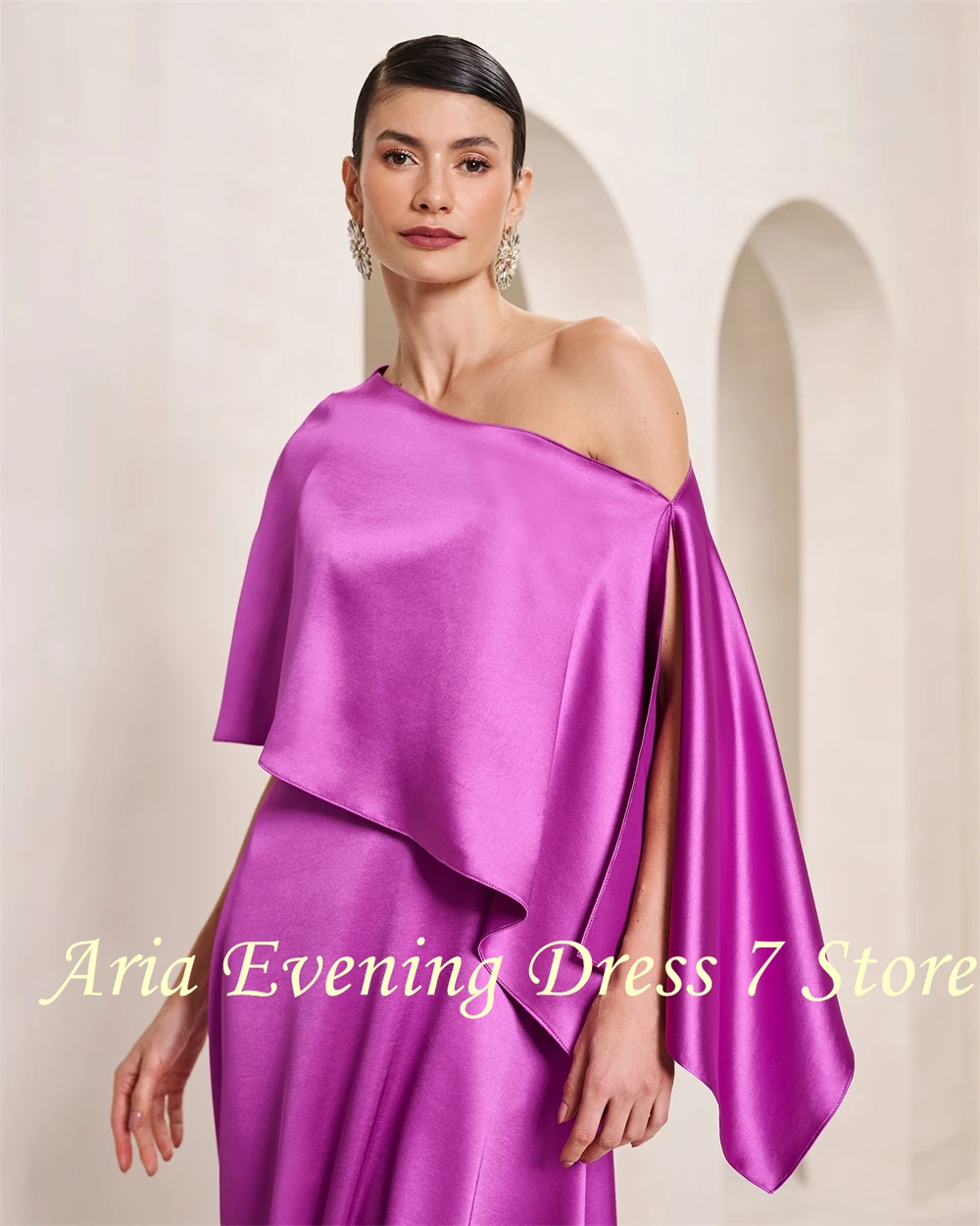 Customized  Graceful One Shoulder Evening Dress Temperament Ruched Sleeves Party Dress Classic A-Line Knee Length Celeb