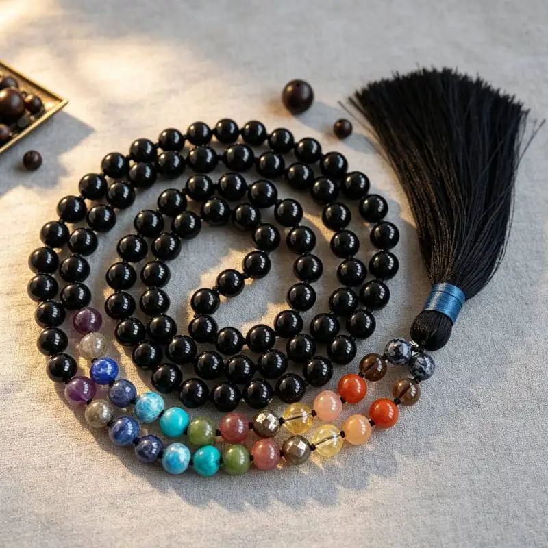 8mm Black Tourmaline 7 Chakra 108 Beads Handmade Tassel Necklace Chakra Tibetan Mala Classic Meditation Spirituality Yoga