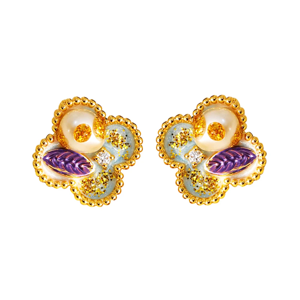 

Classical Style Noble Colorful Enamel Earrings Upscale Women's Pearl Jewelry Four Leaf Clover Flower Design Zircon Stud Earrings