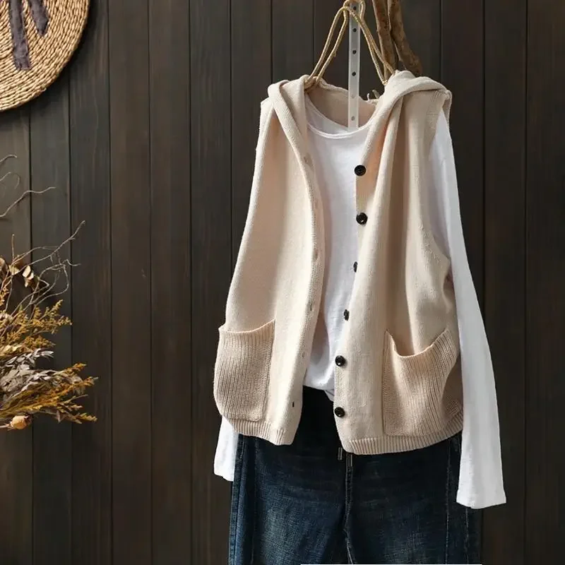 Hooded Knitted Vest Women Cardigan Sleeveless Coat Retro Harajuku Loose Spring Autumn Tops Korean Fashion Pocket New