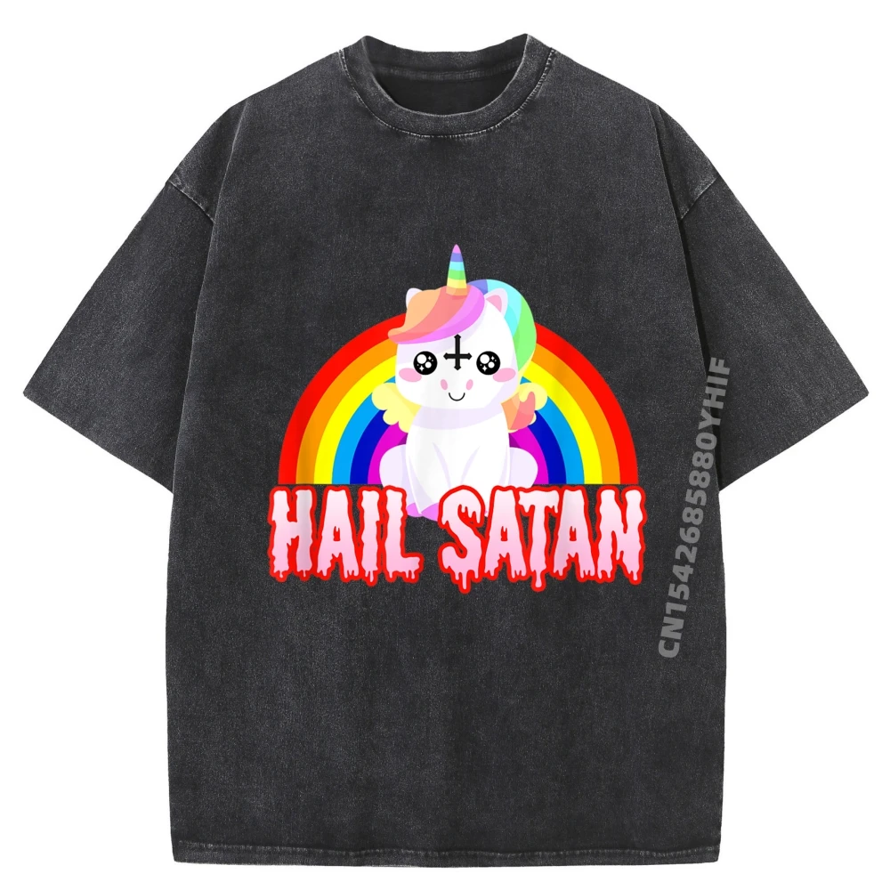

Hail Satan Unicorn Funny Satanic Rainbow Cotton Graphic Tees Original Mens T-Shirts Breathable Washed Shirt