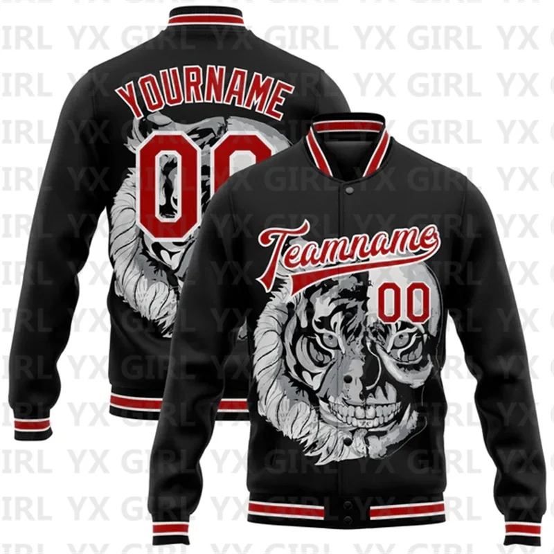 Custom Black Red-White Skull Fashion 3D Bomber Full-Snap Varsity Letterman Jacket 3D Bomber Full-Snap Varsity Letterman Jacket