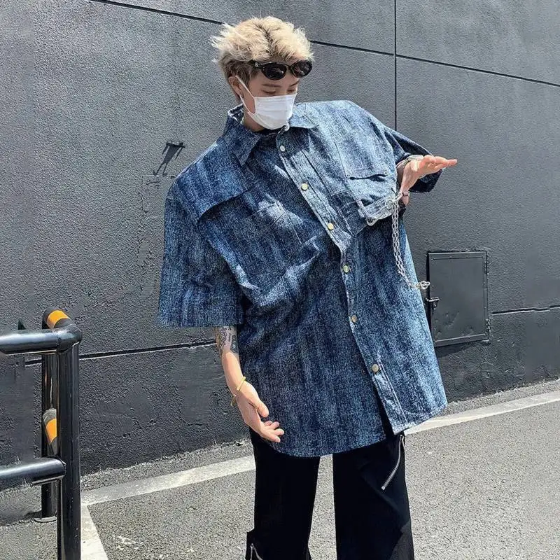 LUZHEN Short Sleeve Original Niche Tie-dyed Design Shoulder Denim Pad Shirt Jacket Men's 2025 New High Quality Loose Tops JY8097