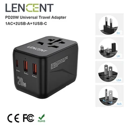 LENCENT PD20W Universal Travel Adapter with 1AC 2 USB Ports 1 Type C Fast Charging Power Adapter EU/UK/USA/AUS plug for Travel