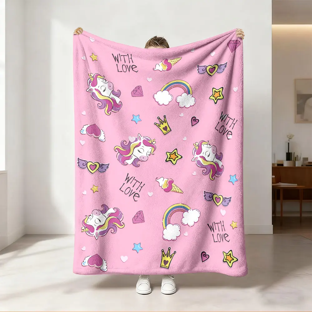 1 piece flannel blanket with a pink base and unicorn, heart, and rainbow patterns, suitable for all seasons and ideal as a gi