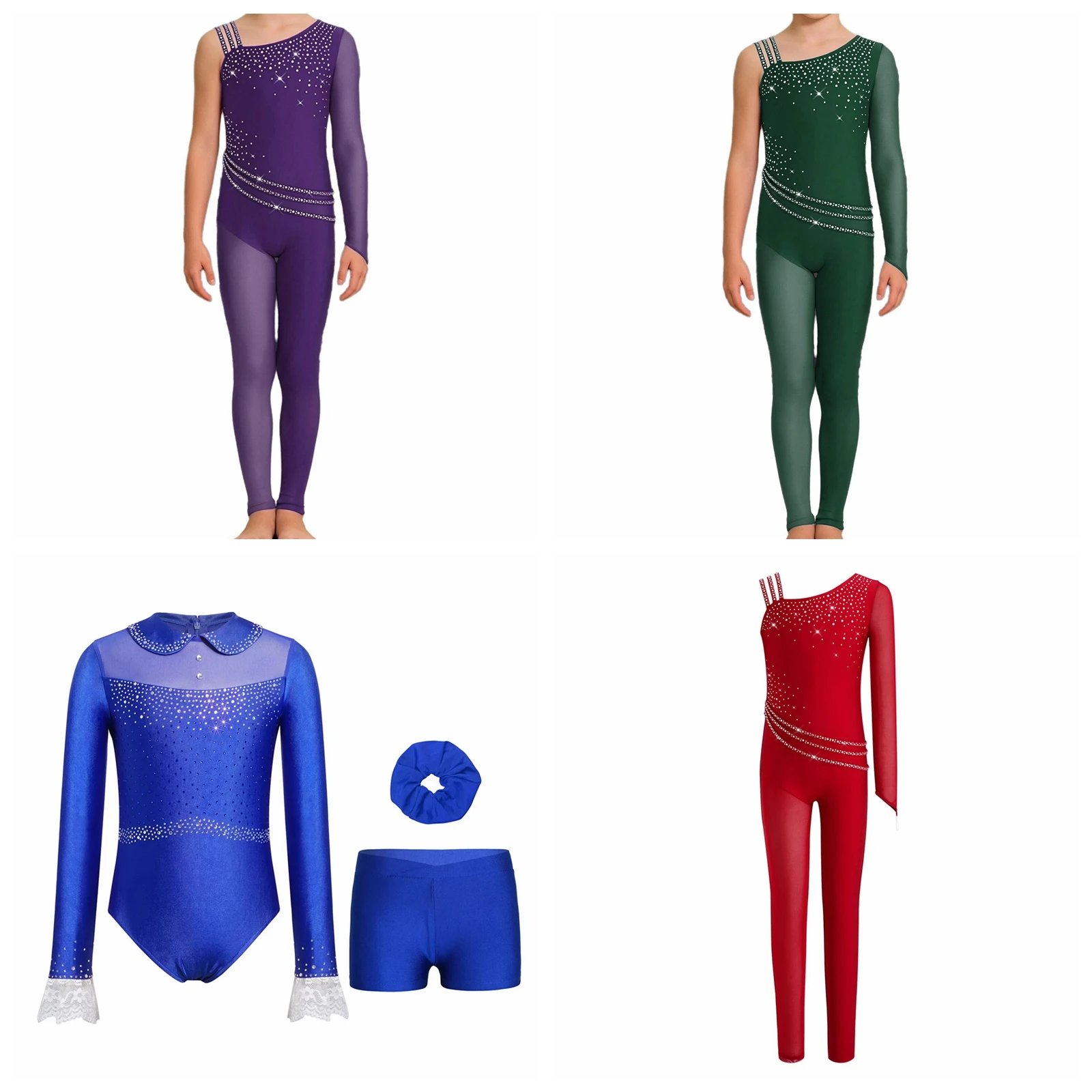 

Kids Girls Rhythmic Gymnastics Bodysuit Rhinestones Figure Skating Leotard Ballet Dance Jumpsuit Children Acrobatics Costume